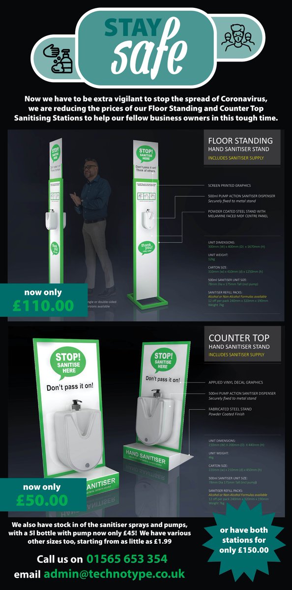 One off SPECIAL OFFER.

Now that we are having to be extra vigilant.
We have a SPECIAL OFFER not to be missed!!

ONLY 1 Floorstanding  &amp; 1 Countertop Sanitising unit left that we want sold - Details below.
