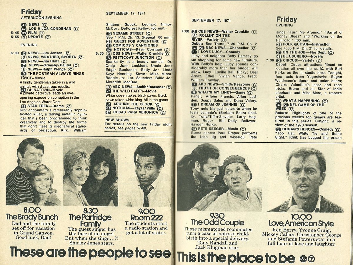 49 Years Ago Today...ABC’s Friday Night Lineup #BradyBunch #PartridgeFamily #Room222 #OddCouple #LoveAmericanStyle