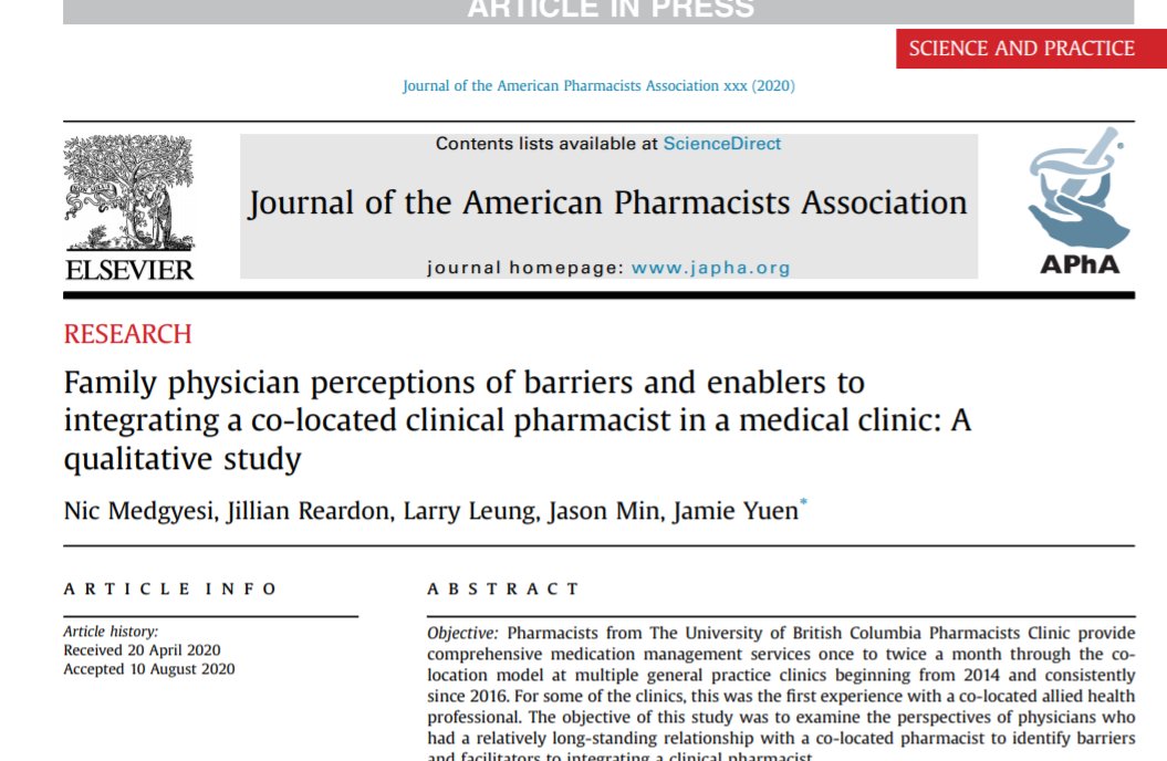 IN PRESS: The authors identified barriers and enablers of pharmacist integration into a medical clinic on the basis of themes from the physicians’ perspectives.
#interprofessionalcare #pharmacists

japha.org/article/S1544-…