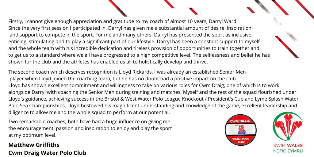 Next up is Water Polo player Matthew from @CwmDraig , telling us about how coaches Darryl and Lloyd have inspired him. 👇🏴󠁧󠁢󠁷󠁬󠁳󠁿👏🤽‍♀️🤽🤽‍♂️

#UKCoachingWeek2020