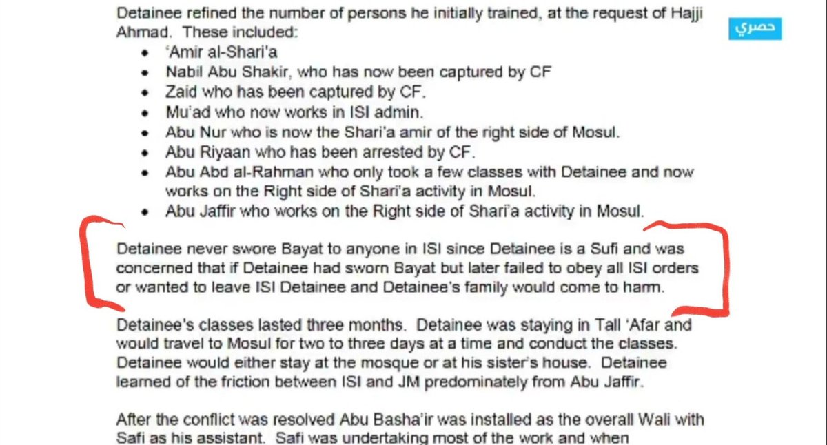 3/ In one of the "tactical interrogation reports" from 2008, al Mawla (the current ISIS chief) explains that he, as a Sufi, did not even swear allegiance or “bayat” to the Islamic State of Iraq because he was scared for them.Check yourself what the U.S. interrogators wrote: