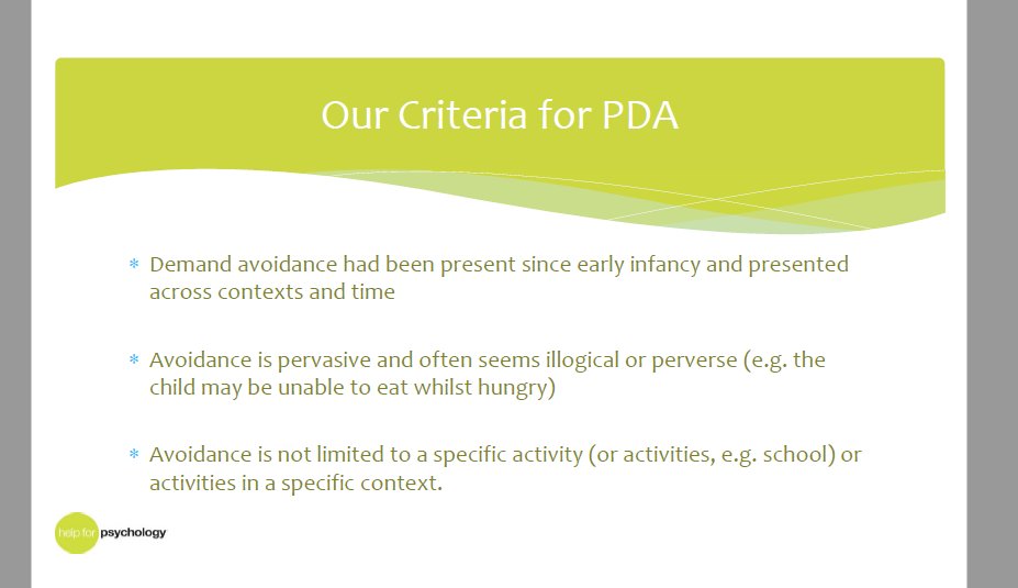 “Avoidance is not limited to a specific activity (or activities, e.g. school) or activities in a specific context.” https://network.autism.org.uk/sites/default/files/ckfinder/files/Further%20exploring%20the%20PDA%20profile%20-%20evidence%20from%20clinical%20cases%20-%20Dr%20Judy%20Eaton.pdf