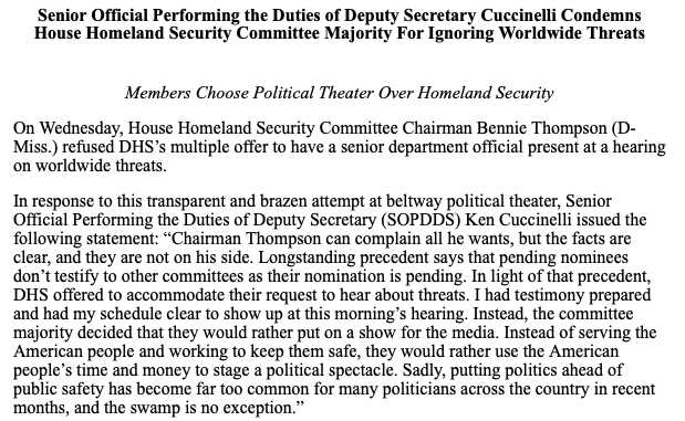 Here's the statement issued last night by  @DHSgov... and a link to  @HomelandKen's prepared testimony:  https://www.dhs.gov/news/2020/09/16/cuccinelli-prepared-testimony-us-house-representatives-committee-homeland-security