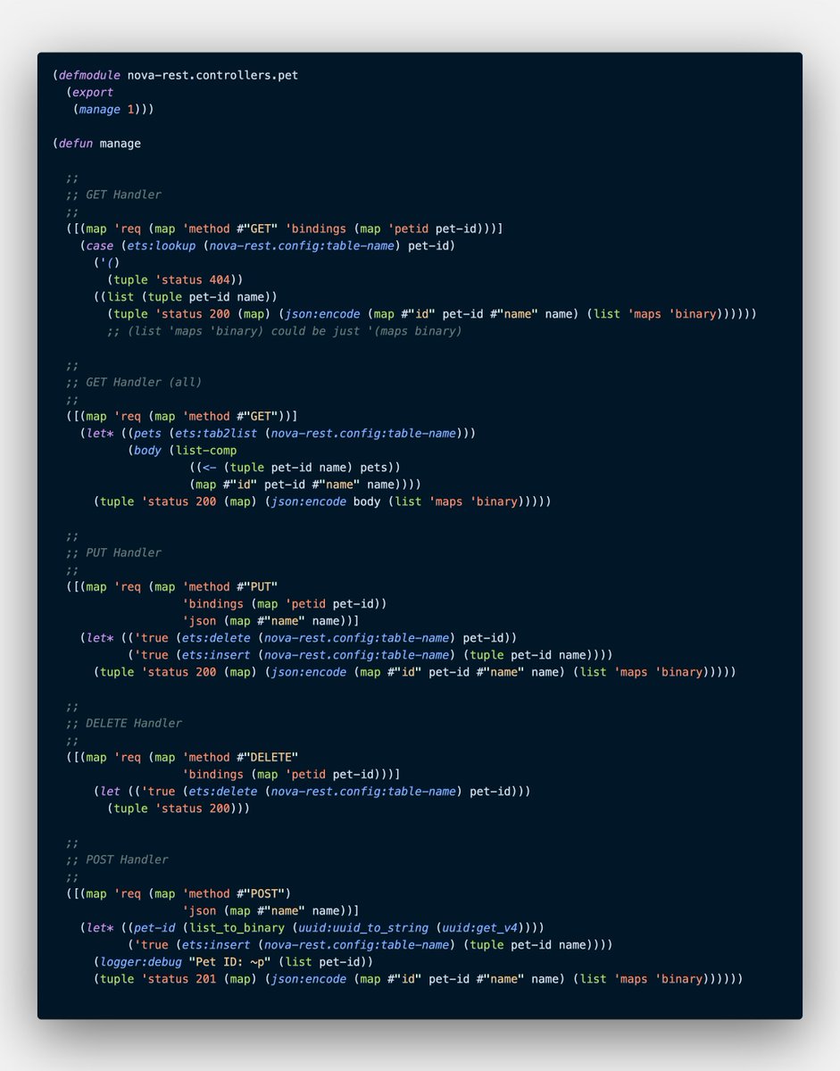 This is CRUD in LFE <a href="/ErlangLisp/">Lisp Flavored Erlang</a> and <a href="/FrameworkNova/">Nova Framework</a>. Except for those ugly nested maps, it's pretty nice and elegant, isn't it? 🥰 

Maybe #Clojure fans can relate. Or #Erlang or #Elixir syntax haters would appreciate. 

Still, it's #BEAM = one of the best things for web ever.