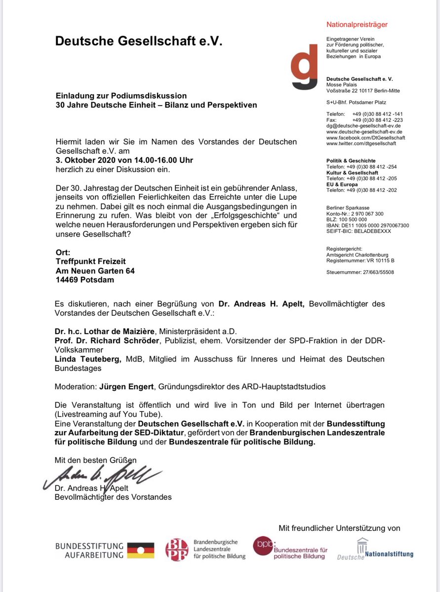 Wir laden herzlich am 3. Oktober 2020 zur #Podiumsdiskussion nach #Potsdam ein: 30 Jahre Deutsche Einheit - Bilanz und Perspektiven #tagderdeutscheneinheit #deutscheeinheit #treffpunktfreizeit