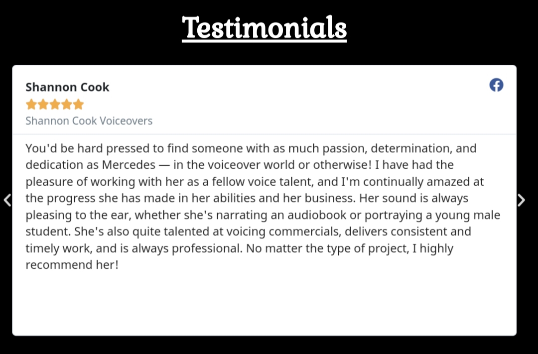 mercedesbironvo's tweet photo. Testimonials - Part 1
Thank you @majorkeGFC , @ShannonCookVO , @KrisLark_MPV , and Raven Amato!!

#voiceactor #testimonials #professionalvoiceactor #boyvoice #smoothvoice #workinghard #momboss #voiceovers #animations #videogames #audiobooks #commercials #reviews #performance https://t.co/QH3pVuRczR