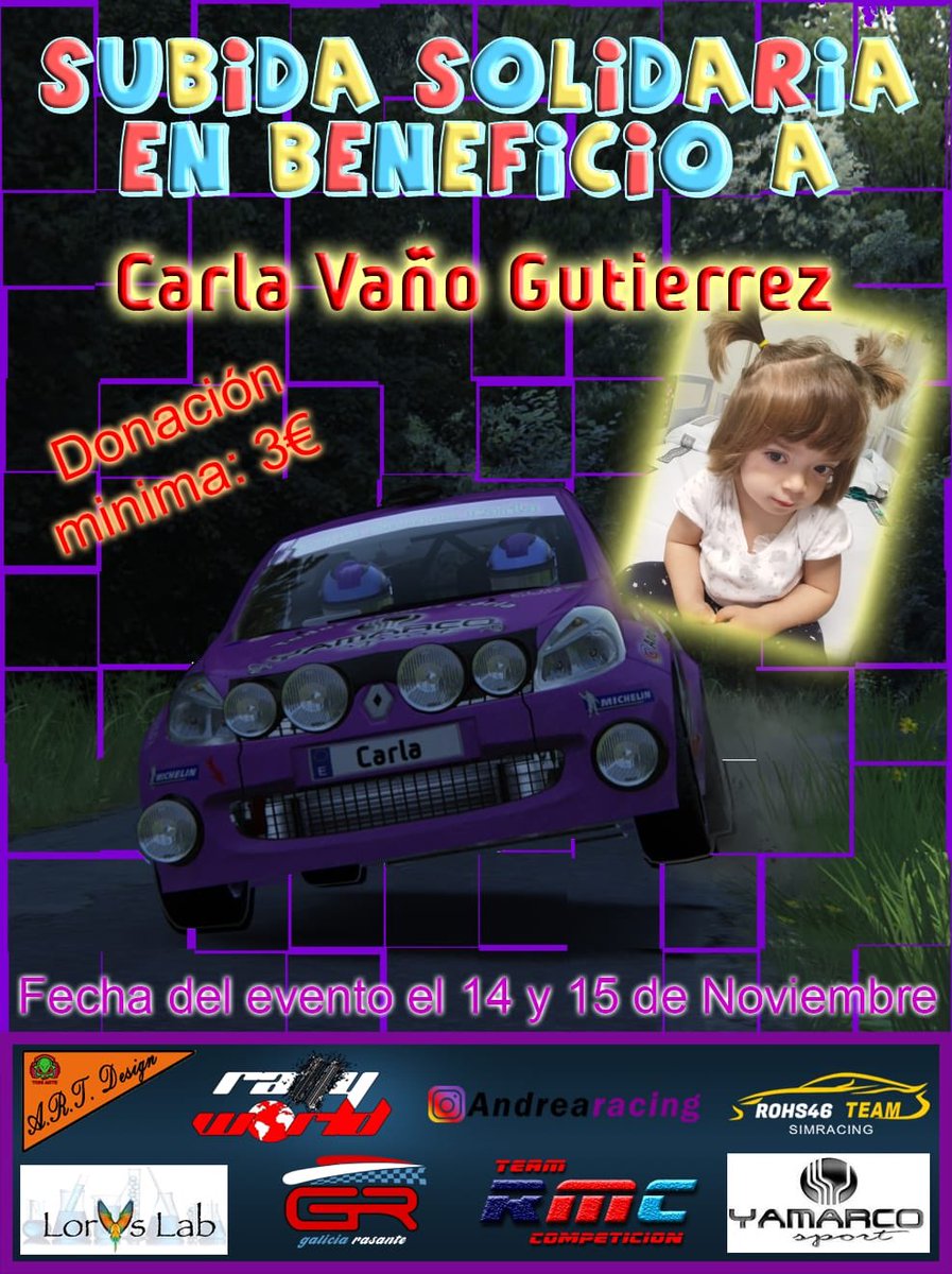 🙏🏻🎮 Subida Solidaria Virtual (Assetto Corsa), en beneficio de Carla Vaño Gutiérrez, a realizarse el 14-15 Noviembre.

La pequeña de 2 años, tiene problemas y necesita un transplante de médula.

Para las personas que se quieran apuntar, hablar con <a href="/damialbi/">Dami</a>.

Se agradece difusión
