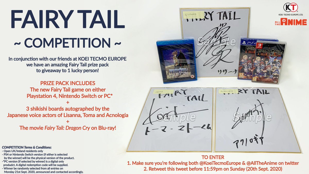 COMPETITION
1 lucky person could win:
-the new #FairyTail game on PS4, Switch or PC
-3 autographed shikishi boards
-and Fairy Tail: Dragon Cry on Blu-ray!

TO ENTER
1) Follow @KoeiTecmoEurope &amp; us (<a href="/AllTheAnime/">All The Anime</a>)
&amp; 2) retweet this before 11:59pm on Sunday (20th Sept)
[UK/IRE only]