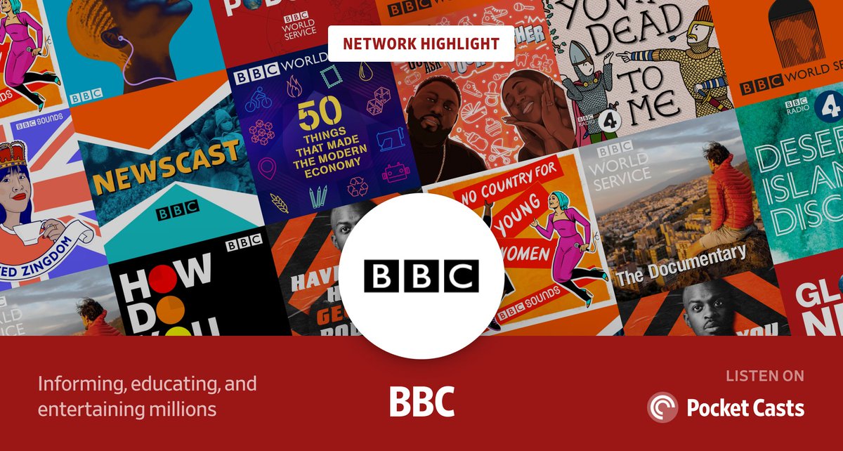 pocketcasts's tweet photo. This week's #NetworkHighlight is @BBC. From news and documentary to comedy and music, the BBC is creating distinctive, world-class shows for their audience around the world. Check out their shows now: https://t.co/2VzQdzlsOh https://t.co/745P4gzEU0