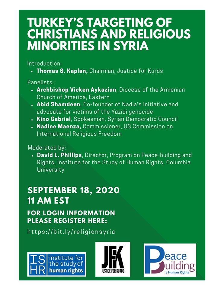 .@nadinemaenza will be among the panelists in a virtual conference tomorrow at 11 am ET to discuss Turkey's human rights abuses and atrocities against religious minorities in #Syria. RSVP at this link to watch the livestream columbiauniversity.zoom.us/meeting/regist… #ReligiousFreedom #Turkey