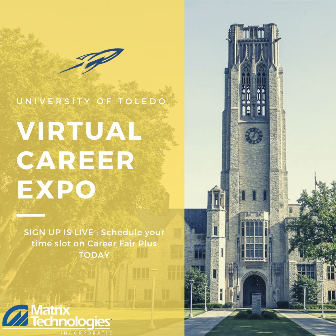 MatrixTechInc's tweet photo. Matrix will be attending the UT Virtual Career Expo on Tuesday, September 29 from 12pm-4pm. Reserve your spot now through Career Fair Plus. Hope to see you there!
#MatrixTI #JoinMatrix #Engineering #BePartOfMatrix #StudentEmployment #UniversityofToledo #UT #Toledo https://t.co/aYkINkLxN9
