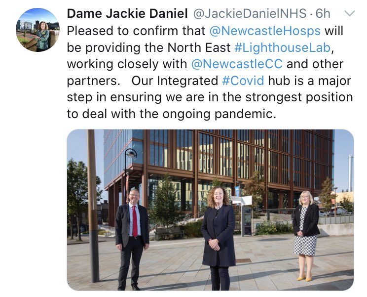 Huge thanks to the amazing team from <a href="/NewcastleHosps/">Newcastle Hospitals</a> <a href="/NewcastleCC/">Newcastle City Council</a> @PHE_NorthEast <a href="/UniofNewcastle/">Newcastle University</a> <a href="/DHSCgovuk/">Department of Health and Social Care</a> <a href="/CollabNewcastle/">Collaborative Newcastle</a> who have worked night and day over the past few weeks to put together all the plans for @NECovidHub which were announced today.  You are all 🌟 🌟 🌟