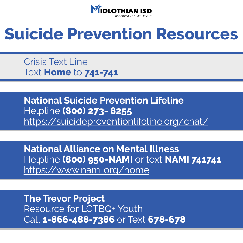 MidlothianISD's tweet photo. Reaching out is the most important step to start living mentally well again. Visit https://t.co/s76MxoXVn2 for resources to seek help and care. Help is available and recovery is possible. #MISDProud https://t.co/QIkwFyNBqP