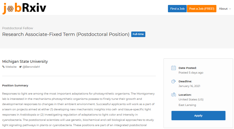 jobRxiv's tweet photo. #ScienceJobs:
Research Associate-Fixed Term (Postdoctoral Position) with @BerondaM
Michigan State University, East Lansing, USA
https://t.co/Xrz4paTGik
#LightSignaling #PlantBiology #Cyanobacteria https://t.co/rnYIFc6PE4