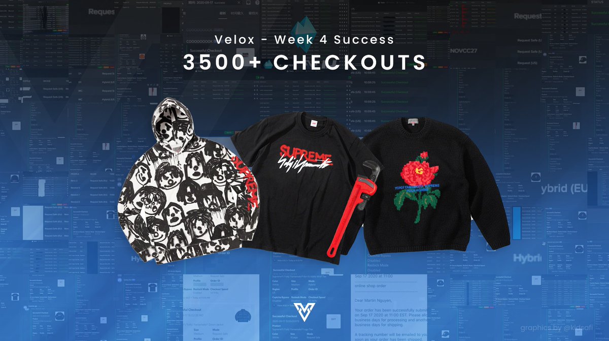 VeloxBots's tweet photo. Another week where Supreme blocked out most bots with anti-bot but Velox is unstoppable. 🚀

Over 3,500+ checkouts today with ALL our modes cooking. Retweet &amp; Reply if you need a key. 👀 https://t.co/rdV5eZflBK