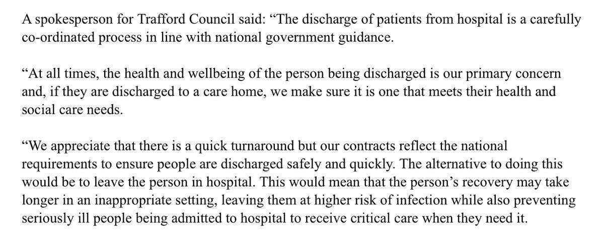 Trafford Council says care homes can refuse patients. It says the wellbeing of patients being discharged is its primary concern. And the alternative would be to leave them in hospital with a higher risk of infection. Statement: