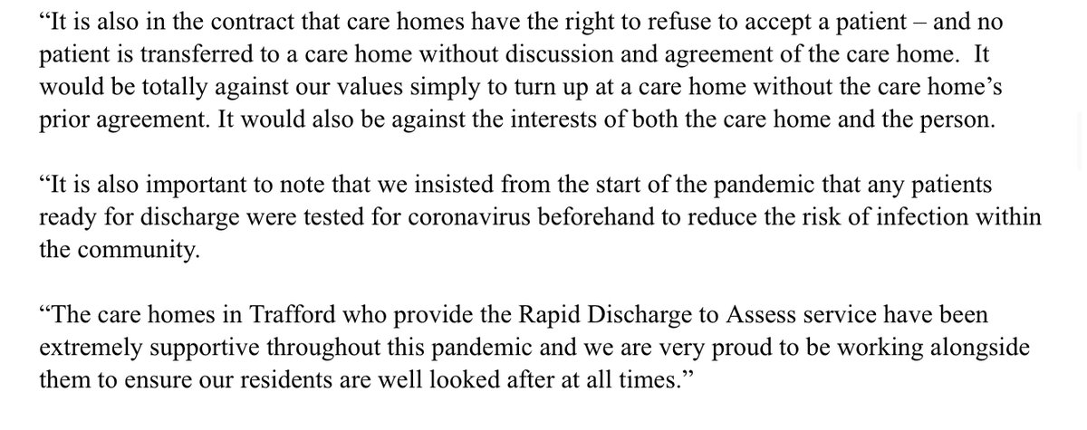 Trafford Council says care homes can refuse patients. It says the wellbeing of patients being discharged is its primary concern. And the alternative would be to leave them in hospital with a higher risk of infection. Statement: