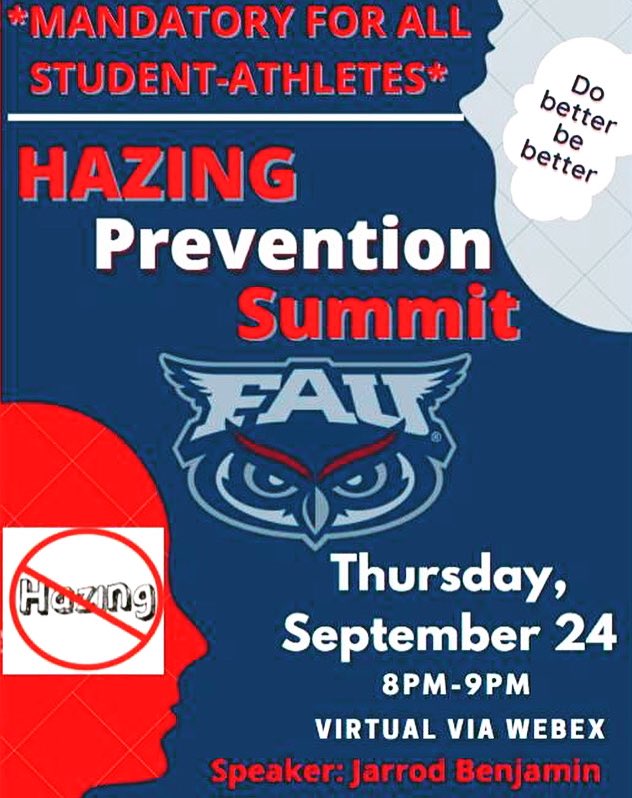 SASC_FAU's tweet photo. ATTENTION‼️🚨 MANDATORY event for ALL STUDENT-ATHLETES NEXT WEEK! Thursday, September 24th @8pm via Webex! Check your email for login info! #OWLin #OwlOne #HazingPrevention @FAUWTennis @FAUMTennis @FAUVolleyball @FAUSpirit @FAUSwimDive @FAUXCTF @FAUBeachVB https://t.co/KpOWBjMbJA