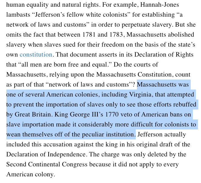 probably the biggest whopper is her claim that America rebelled from Britain in order to save slavery, in the face of—dare I say it—objective evidence to the contrary