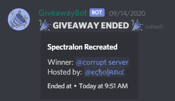 Randomv32's tweet photo. There has unfortunately been some controversy over the spectralon giveaway on the Krunk Hut server. Agxnt thought he had won, but he had not met the requirements for winning and is now salty unfortunately. He won the giveaway at 9:51 am, but had 0 invites at 9:53 am. https://t.co/rnkFovSH93
