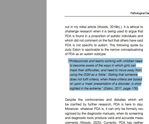 Judy Eaton has a lower dx threshold for autistic females, indicating Help4Psychology does not have stereotypical views for autism. https://www.researchgate.net/publication/339240845_Pathological_Demand_Avoidance_and_the_DSM-5_a_rebuttal_to_Judy_Eaton However, this does not mean the clinic does not hold stereotypical views on PDA.