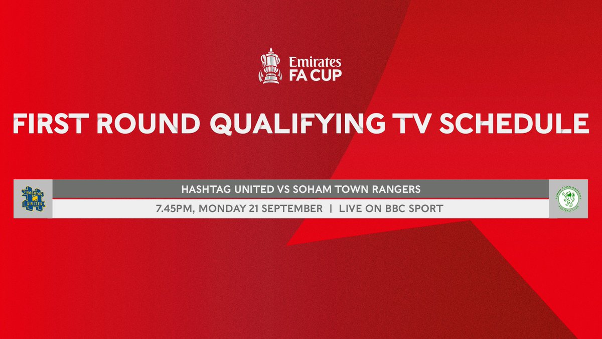 Emirates FA Cup (@emiratesfacup) on Twitter photo Your #EmiratesFACup first round qualifying fixture for UK broadcast has been confirmed âś…
@HashtagUtd 🆚 <a href="/SohamTownRanger/">Soham Town Rangers FC</a> Your #EmiratesFACup first round qualifying fixture for UK broadcast has been confirmed ✅
@HashtagUtd 🆚 <a href="/SohamTownRanger/">Soham Town Rangers FC</a>