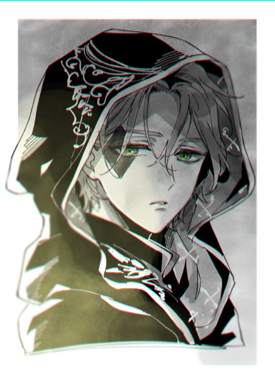 1boy male focus solo green eyes hood hood up looking at viewer  illustration images