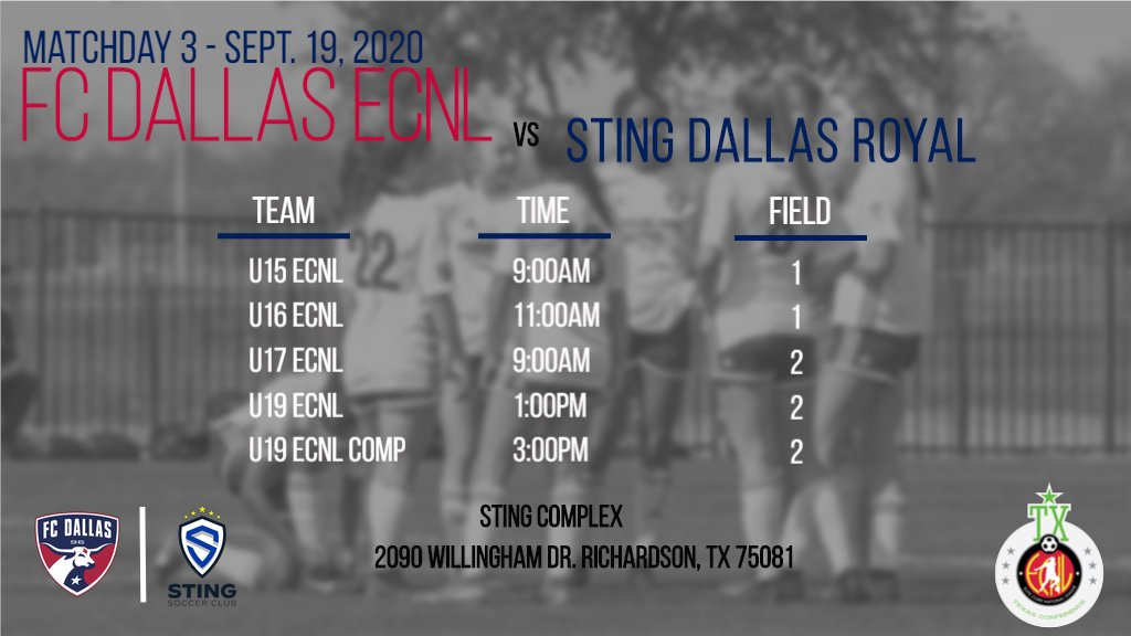FCDGirlsECNL's tweet photo. Upcoming Match Schedule for this Saturday! Your FCD Women ECNL Teams will be taking on Sting Royal in Richardson. #DTID @TheECNL @StingSoccerClub https://t.co/ukROh1Q3Q3
