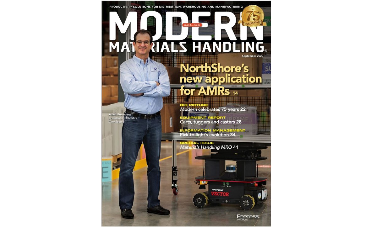 waypointrobo's tweet photo. Check out the latest edition of @modernmhmag featuring our #Vector AMR & #EnZone wireless charging system connected to @PickPackShip RDS system to help @NorthShoreCare meet growing demand of their high quality adult diaper products: https://t.co/okVXxY03aO #ecommerce https://t.co/gif8Txtbek