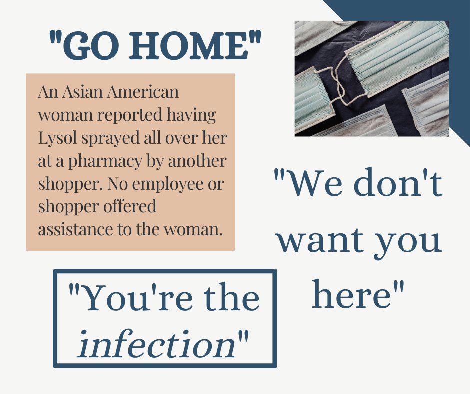 Example 2: An Asian American woman had Lysol sprayed on her and was told to "Go Home" in Georgia. No one helped her.  #HRes908 6/