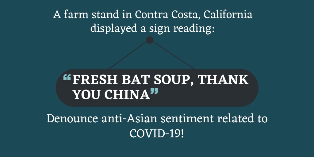 Example 3: A business establishment in Contra Costa, CA displayed a sign saying "Fresh Bat Soup, Thank You China."  #HRes908 7/