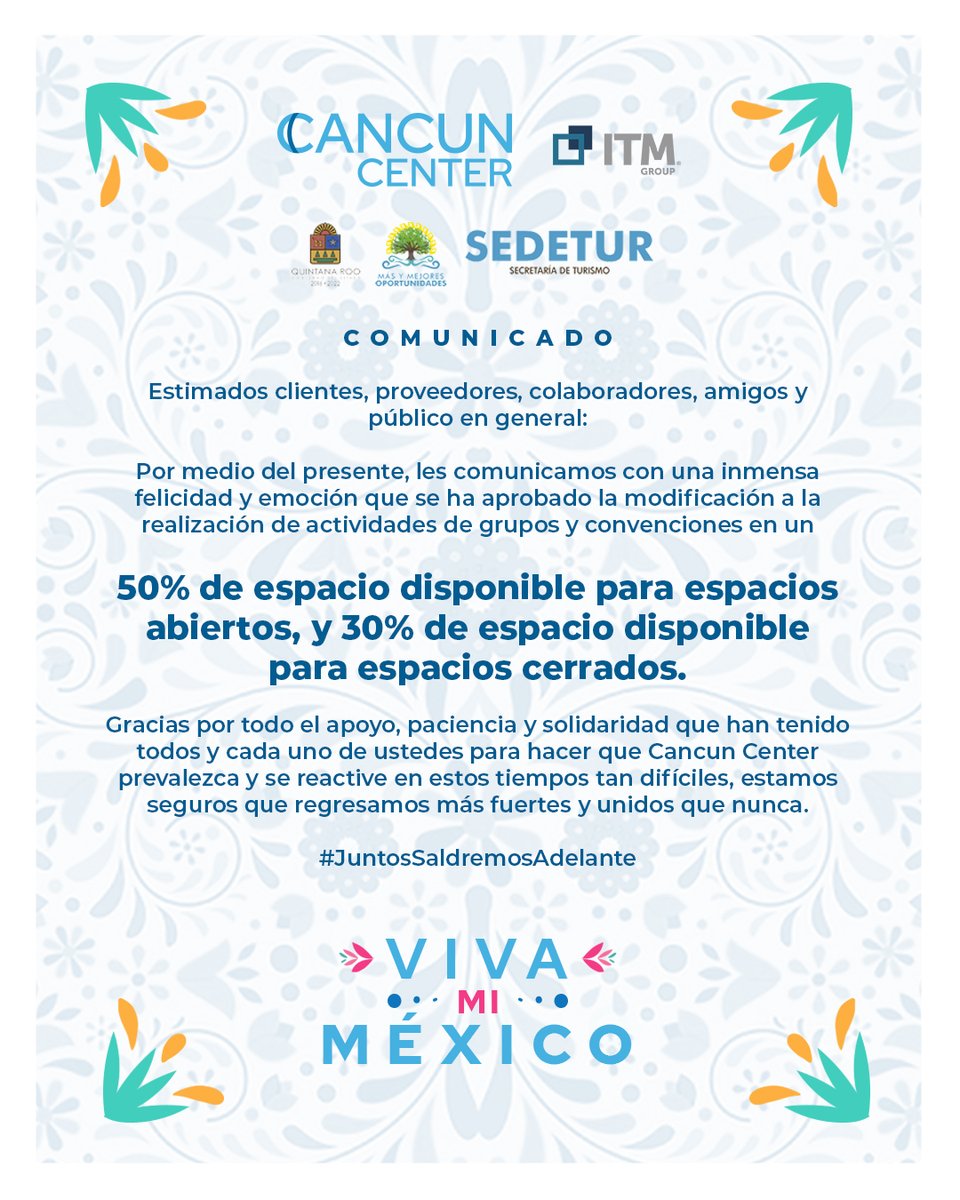 cancuncentermx's tweet image. Les compartimos nuestro comunicado sobre la última actualización del semáforo epidemiológico en #QuintanaRoo

Nuestra industria avanza a paso firme, ¡gracias por todo tu apoyo!

#JuntosSaldremosAdelante #VivaMexico 

@VivoEnCancun @Tucanal10 @FelixParrazal @SedeturQROO