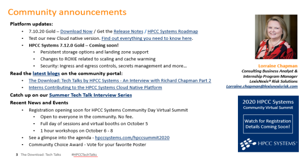 hpccsystems's tweet photo. We're starting #HPCCTechTalks with guest host and trainer extraordinaire Bob Foreman and important announcements from Consulting Business Analyst Lorraine Chapman. Join us! https://t.co/5JQvv7wG1c https://t.co/M2PfyY4neA