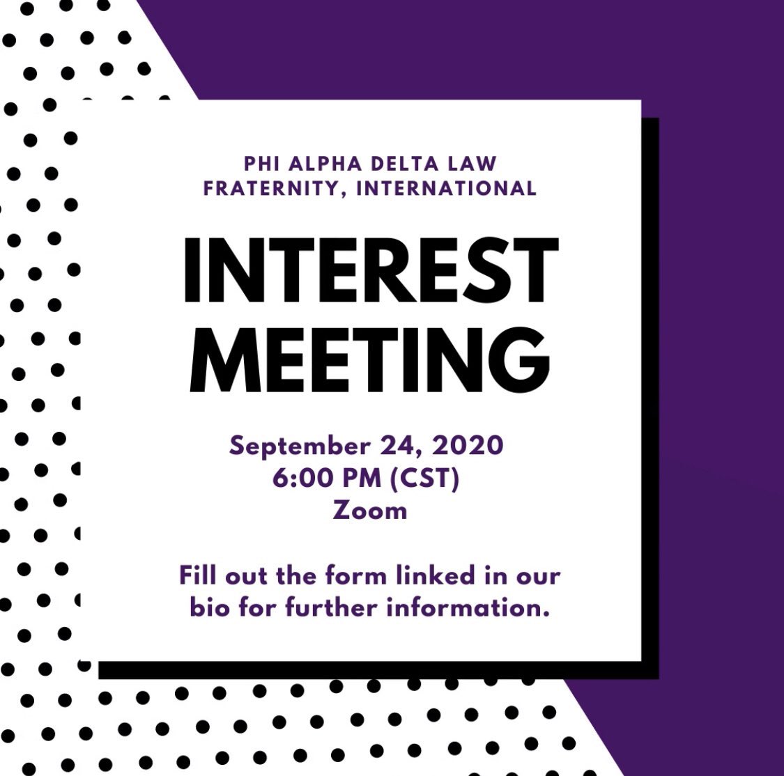 PAD_ALASU's tweet photo. Please fill out the Interest Meeting Sign-In Form in our bio pertaining to the Phi Alpha Delta Interest Meeting that will be held on Thurs., Sep. 24th at 6:00 PM (CST). 

#myASU #myASU21 #myASU22 #myASU23 #myASU24 https://t.co/yRCKuBFMHy