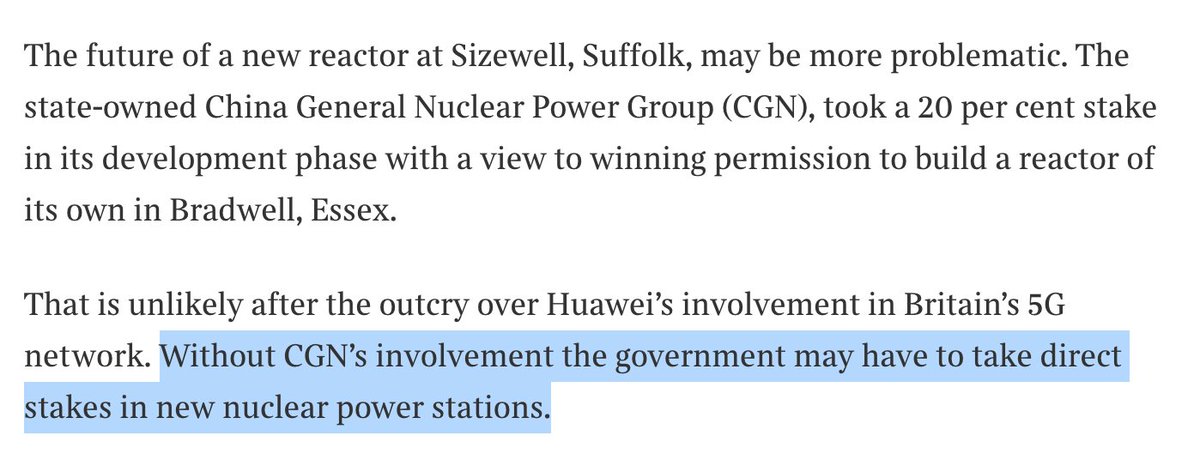 <speculation>Getting Sizewell over line might need a RAB contract *and* a govt stake, if UK is no longer willing to allow Chinese involvement(Hard to see private sector filling that gap)</speculation> https://www.thetimes.co.uk/edition/news/no-10-may-take-direct-stakes-in-nuclear-projects-to-save-sites-vg7gxr6fm14/