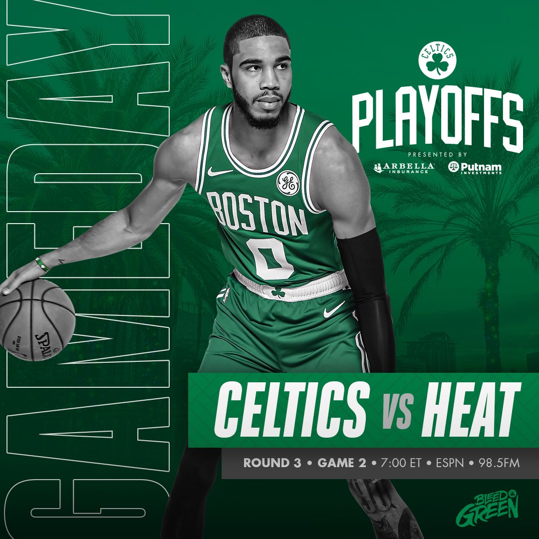 celtics's tweet image. TONIGHT ☘️ Eastern Conference Finals Game 2

🆚 @MiamiHEAT 
⏰ 7:00 PM
📺 @espn 
🎙️ @985TheSportsHub 

#BleedGreen #BeatTheHeat