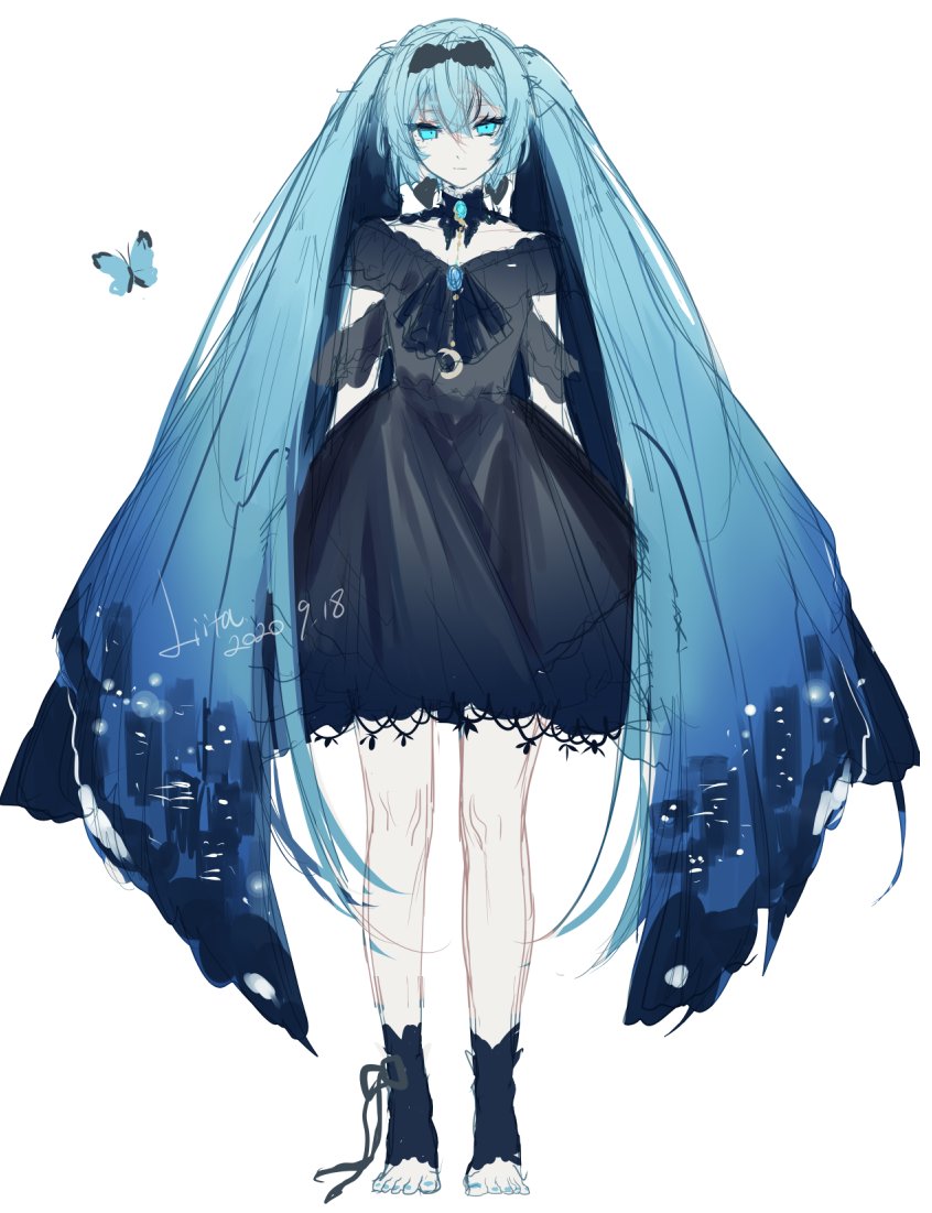 hatsune miku 1girl solo dress long hair very long hair black dress twintails  illustration images