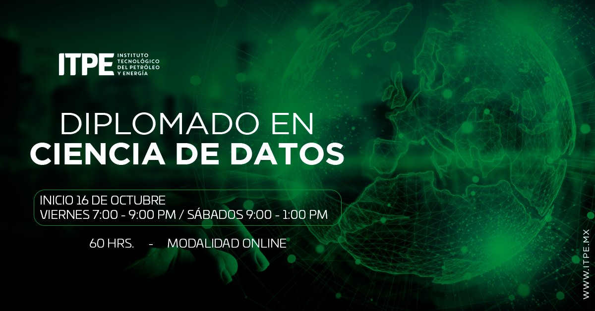 itpe_mx's tweet photo. ¡Abrimos nuevamente una fecha para nuestro Diplomado en Ciencia de Datos! 

Inicio: 16 de octubre de 2020
Viernes de 7:00pm a 9:00pm
Sábados de 9:00am a 1:00pm

Contacto por WhatsApp en 👉https://t.co/rCuPOyCYut https://t.co/FeG6WChNv2