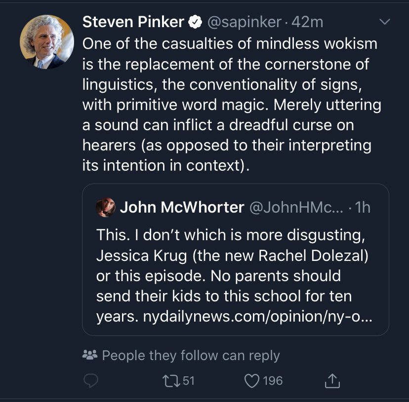 this morning after posting an article disparaging fellow linguists for our paper about his practice of disparaging linguists, Pinker retweets this with his own comment, guess what, disparaging linguists