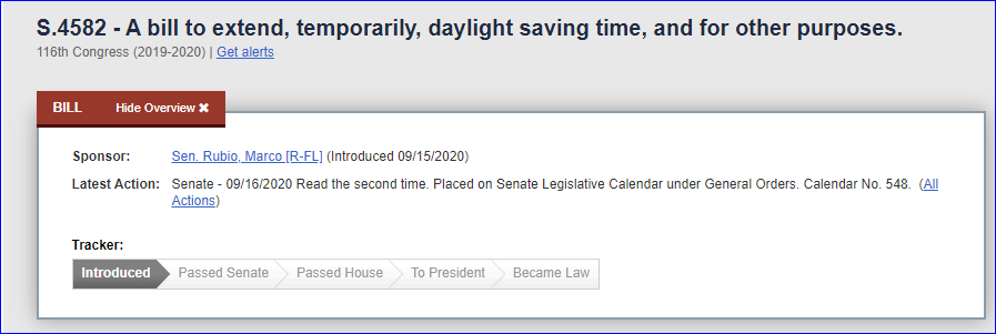 TimeZoneReport's tweet photo. Now THAT's interesting: Sen Mark Rubio (R-FL) introduced a bill entitled "A bill to extend, temporarily, daylight saving time, and for other purposes".  The text of the bill hasn't been published yet. https://t.co/FfVRbnKgTZ