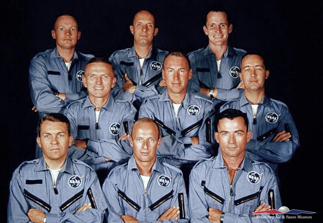 armstrongspace's tweet photo. #OnThisDay in 1962, NASA’s 2nd class of astronauts, or the “New Nine” was officially announced to the public. The group consisted of the first 2 civilian astronauts, Armstrong and See. The #NewNine were specifically picked for their advanced engineering &amp; test piloting experience https://t.co/1APERQs98Z