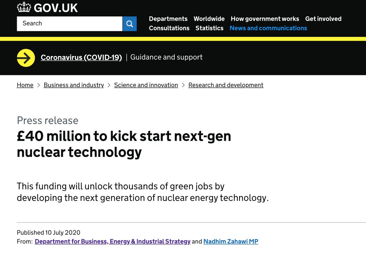 Longer-term, the UK is already funding "advanced nuclear" R&D and it announced £40m for "next-gen" nuclear tech in July…17/ https://www.gov.uk/government/publications/advanced-nuclear-technologies/advanced-nuclear-technologies https://www.gov.uk/government/news/40-million-to-kick-start-next-gen-nuclear-technology