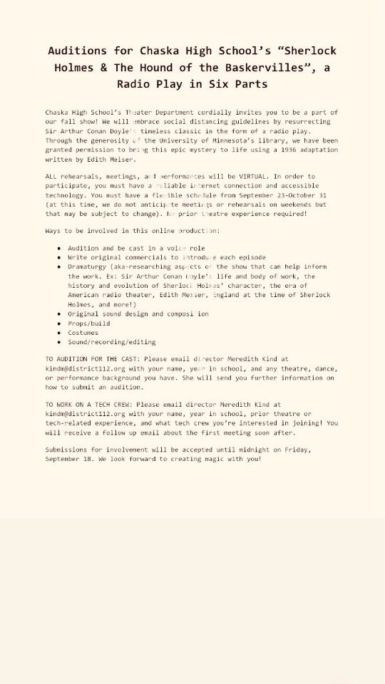 Chaska Theater is back! Check out audition and tech info below for the fall play!