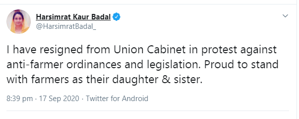 spid_media's tweet photo. #BreakingNews 

Shiromani Akali Dal leader #HarsimratKaurBadal resigns from her post of Union Cabinet Minister of Food Processing, in protest against farm bills.
#FarmersProtest #FarmBill https://t.co/soO42jq3ll