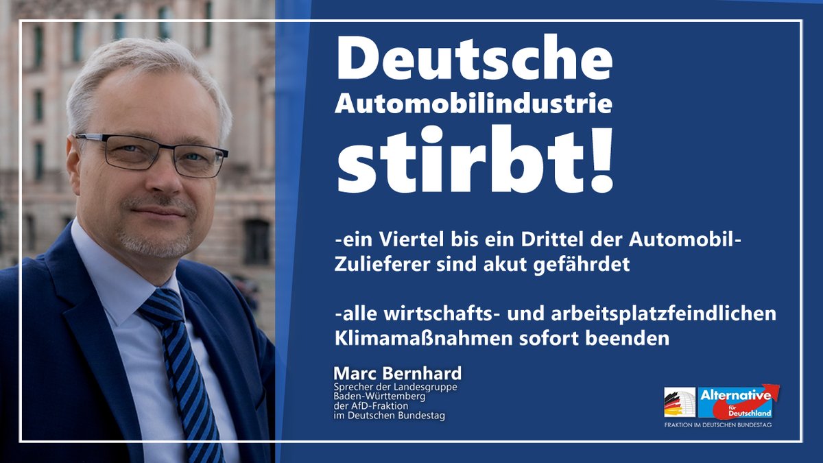 MarcBernhardAfD's tweet photo. Nur #Hiobsbotschaften aus #Autobranche: #Grünideologische #Energie- und #Klimapolitik beenden! Deutschlands Leitindustrie nicht nur durch #Corona-Rezession angeschlagen, sondern vor allem durch verantwortungslose #Regierungspolitik. Jetzt #Kehrtwende in #Klimapolitik! https://t.co/m3WfduIKXv