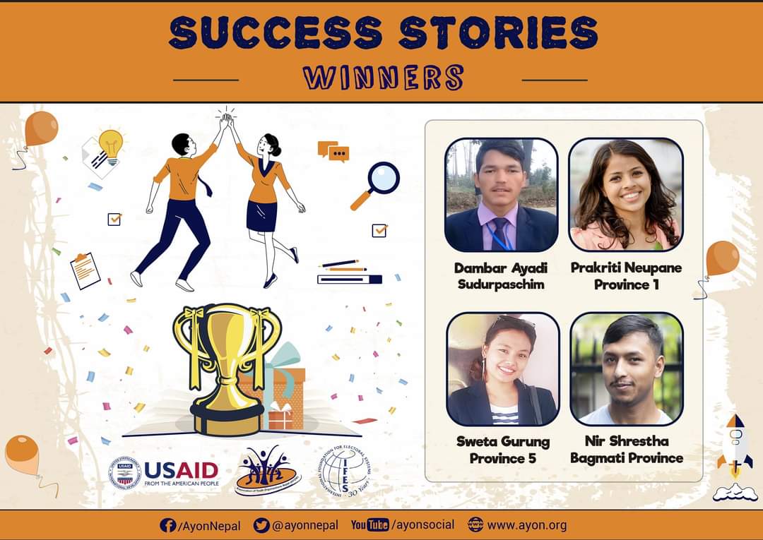 AyonNepal's tweet photo. Congratulations to the Winners of our Success Stories Competition - "Role of Youth" held on the occasion of International Youth Day 2020 !!!
We will soon publish the winning stories on our web platform.
#31DaysofYOUth #youths #IYD #Youth4GlobalAction #youth4goodgovernance #AYON https://t.co/DolBQmkifl