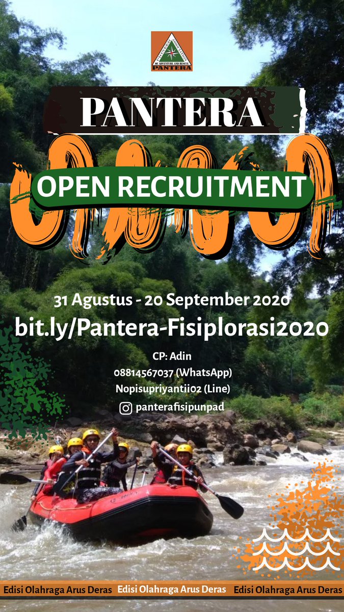 [PANTERA - Berani Berjuang Berpetualang] Edisi Olahraga Arus Deras

Panggilan untuk kamu warga FISIP UNPAD yang memiliki minat berkegiatan di alam bebas dan peduli terhadap kemanusiaan untuk bergabung bersama kami di Pantera. 
Eksplorasi pengalaman kamu!!  
#Panterafisipunpad