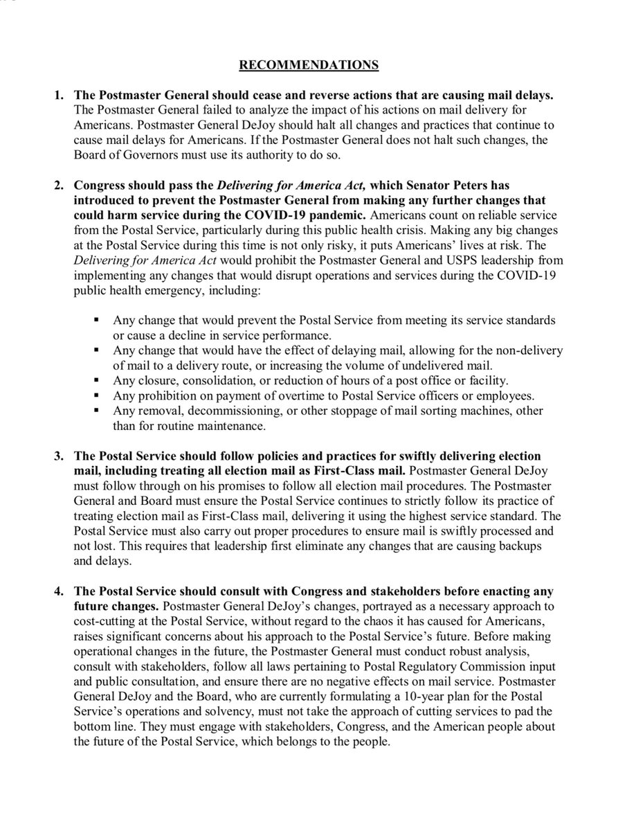 “Accounts from USPS workers contradict DeJoy’s statements about the status of certain operational changes, including limitations on overtime – and the Postal Service has still not answered questions...”Executive Summary https://www.hsgac.senate.gov/imo/media/doc/200916_ExecutiveSummary_PetersPostalInvestigation.pdf