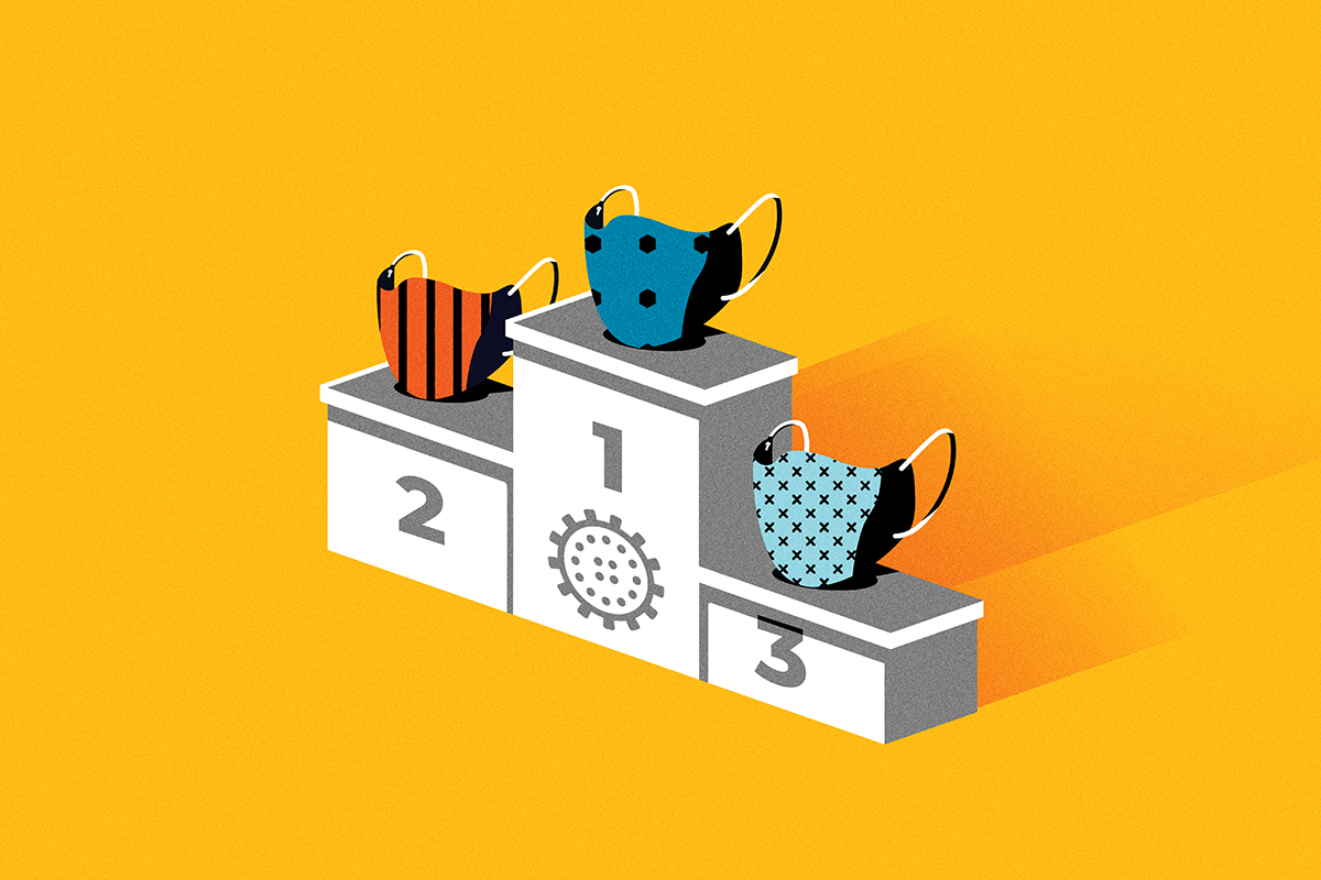 three masks on a podium