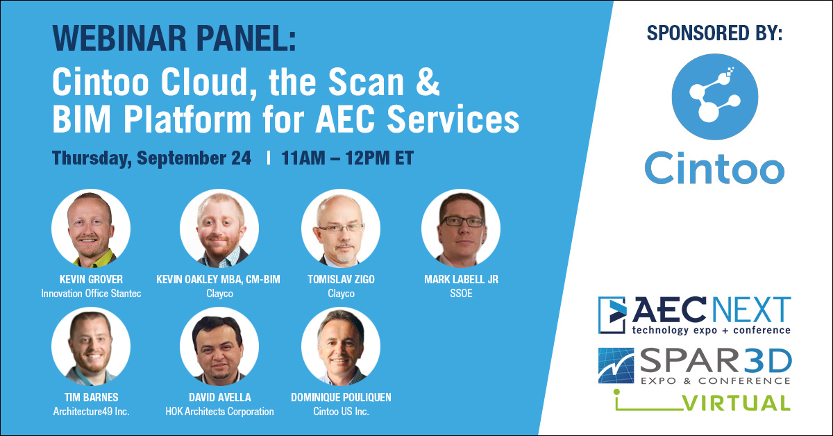 Join us and <a href="/CintooCloud/">Cintoo</a> on September 24th at 11AM ET to see how industry leaders use Cintoo Cloud to manage, view, share or distribute their terrestrial laser scan data for design, construction, BIM coordination or engineering services. Register Now: bit.ly/3kkPmBs